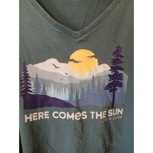 Life is Good Mountain Sunrise Green Crusher Lite V-neck Tee - Picture 4 of 5